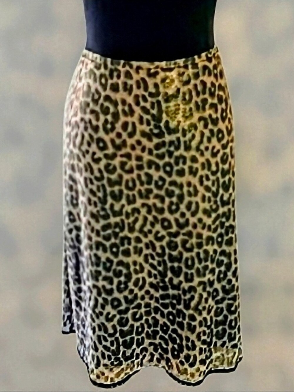 Vintage Express Animal Print Pencil Midi Skirt Lined Lace Hem Gold Shimmer Sz. L